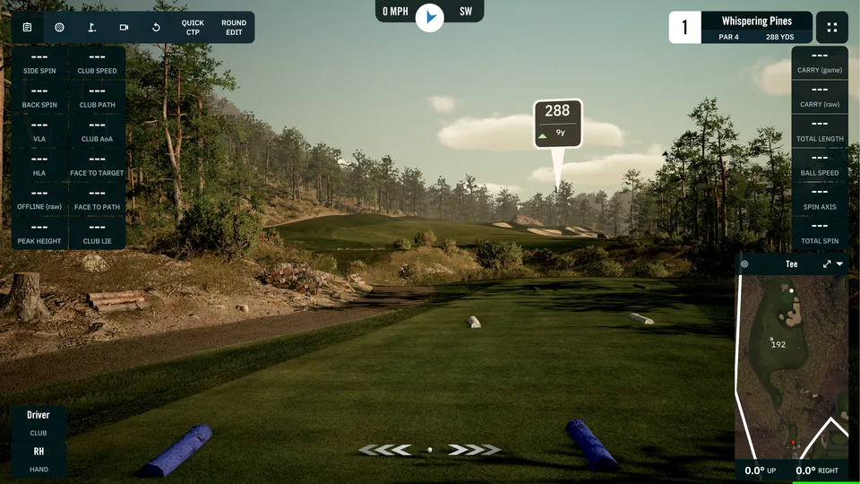 GSPro course gameplay with a fairway, trees, shot data and a map of the hole